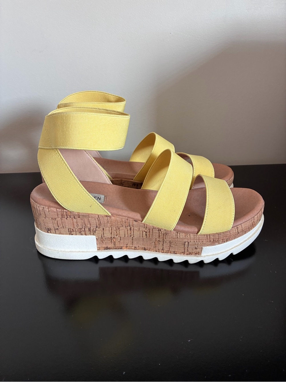 Steve Madden Yellow Elastic Strap Cork-Platform Sandals